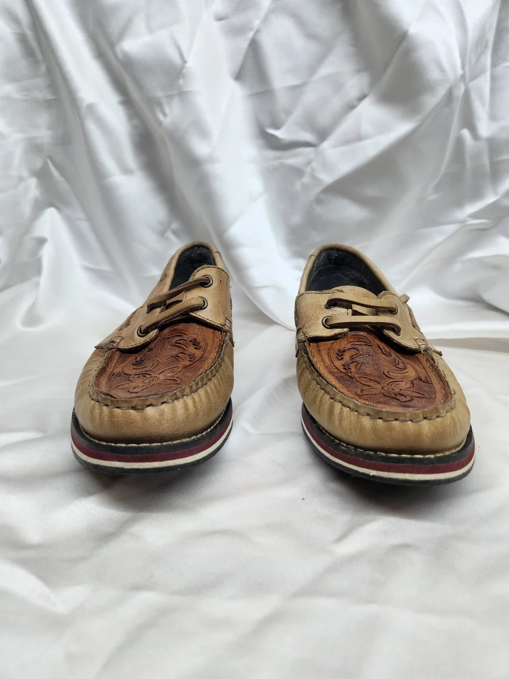 Roper Two-Tone Floral Embossed Leather Boat Shoes - Tan/Brown